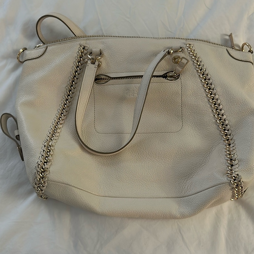 White Coach Leather Bag with Gold Hardware